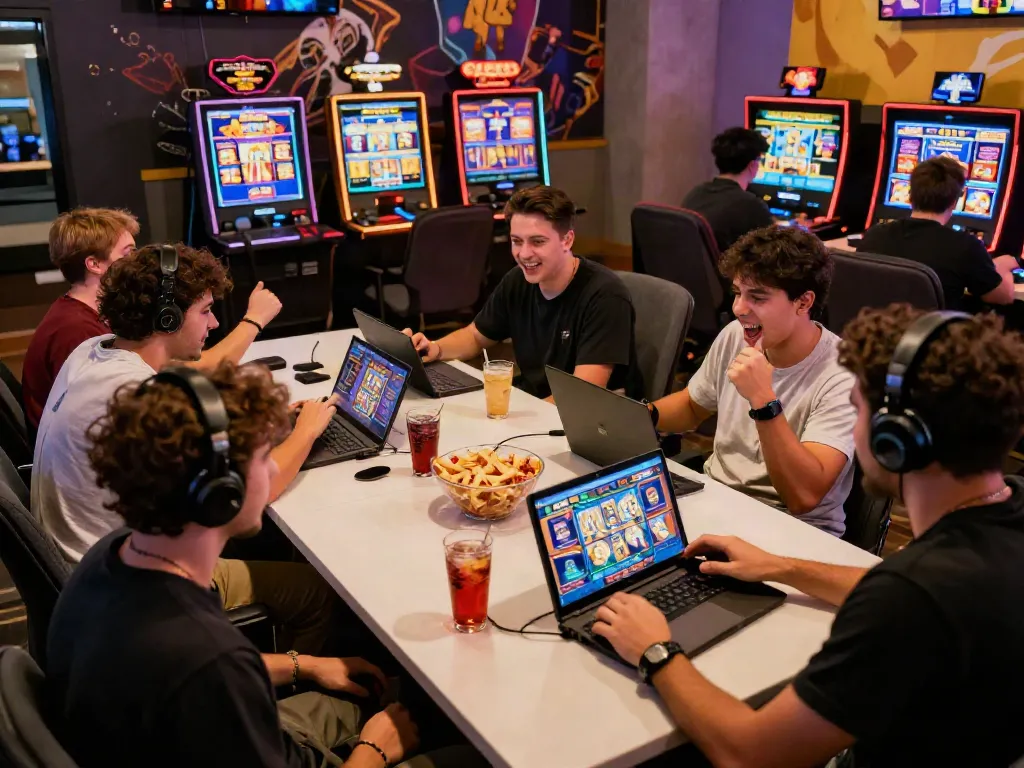 Players enjoying the excitement of slot maxwin games in a vibrant gaming atmosphere, showcasing multiple colorful screens with engaging slot machines.