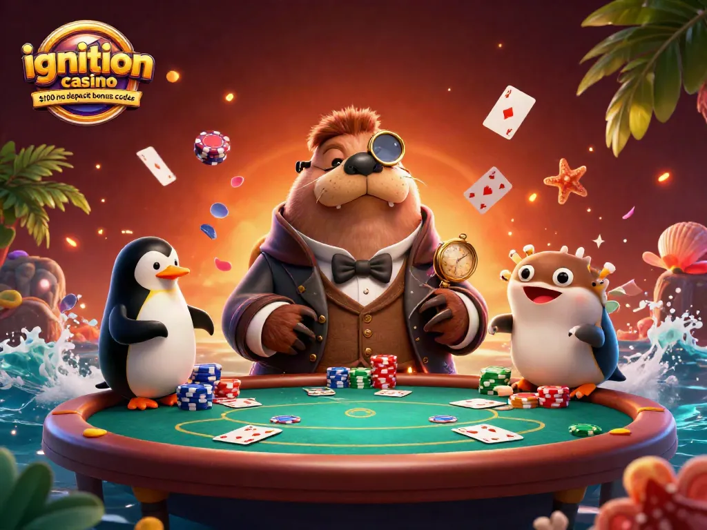 Engage with ignition casino $100 no deposit bonus codes at a playful underwater poker scene featuring a walrus, penguin dealer, and pufferfish.