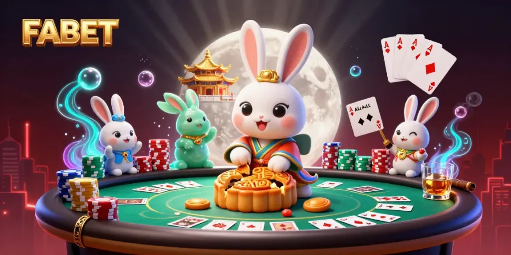 FABET showcases a vibrant scene with poker chips and traditional moon rabbits for online gambling.