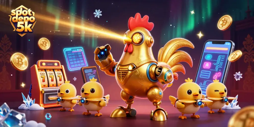 Play engaging slot depo 5k games with animated vibrant characters and futuristic gaming elements.