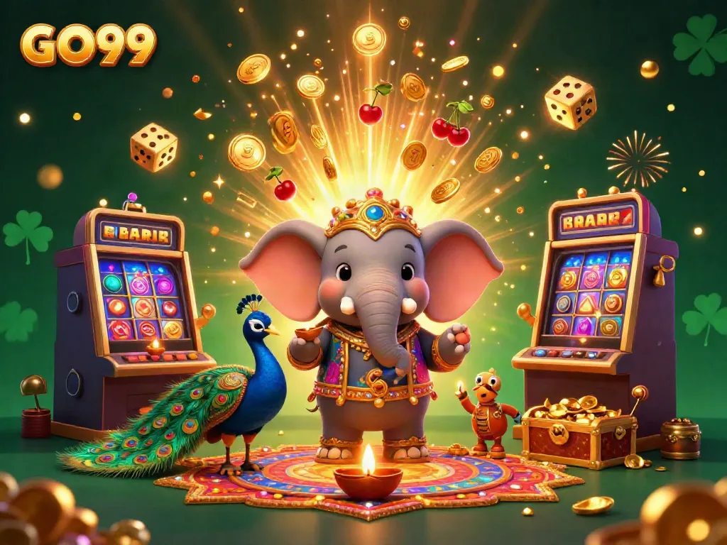 Experience the excitement of GO99 with a vibrant casino-themed illustration featuring joyful characters and game elements.