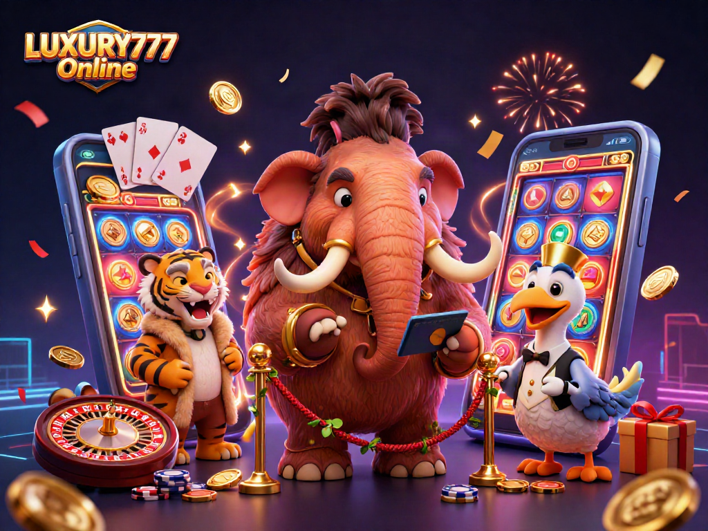 Menangkan pengalaman bermain LUXURY777 Online dalam ilustrasi kasino berwarna-warni yang penuh aksi.