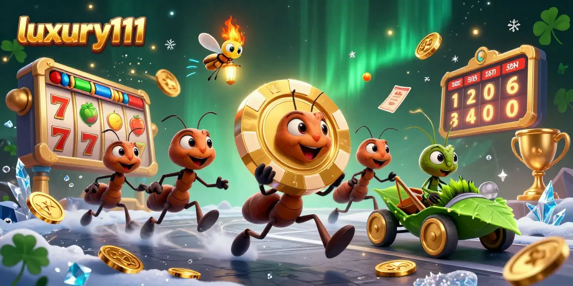 Engage with luxury111’s thrilling wild heist scene featuring cartoon ants, golden poker chips, and dynamic casino elements.