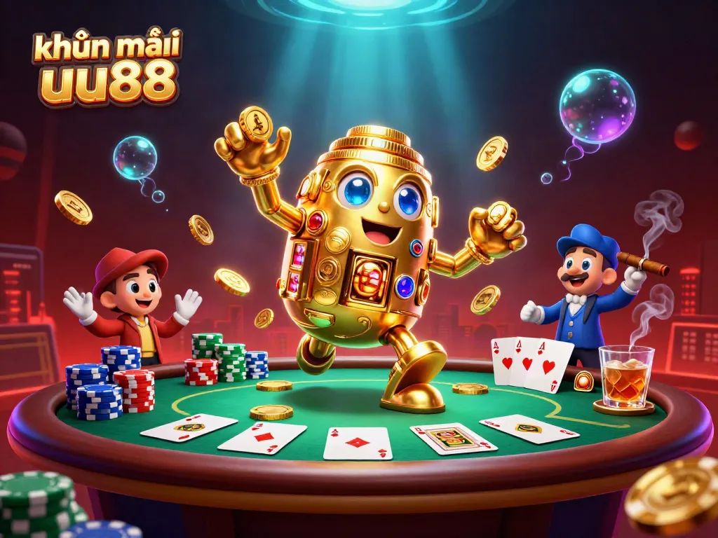 Experience thrilling khuyến mãi uu88 with a stunning golden golem surrounded by poker elements and vibrant casino atmosphere.