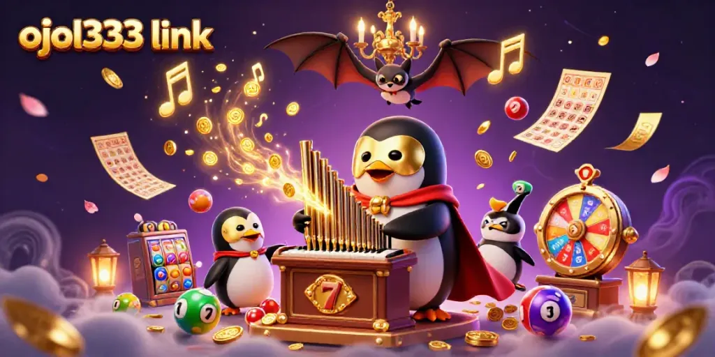 Experience the excitement of Ojol333 link with vibrant games, a penguin organist, and a dynamic casino scene.
