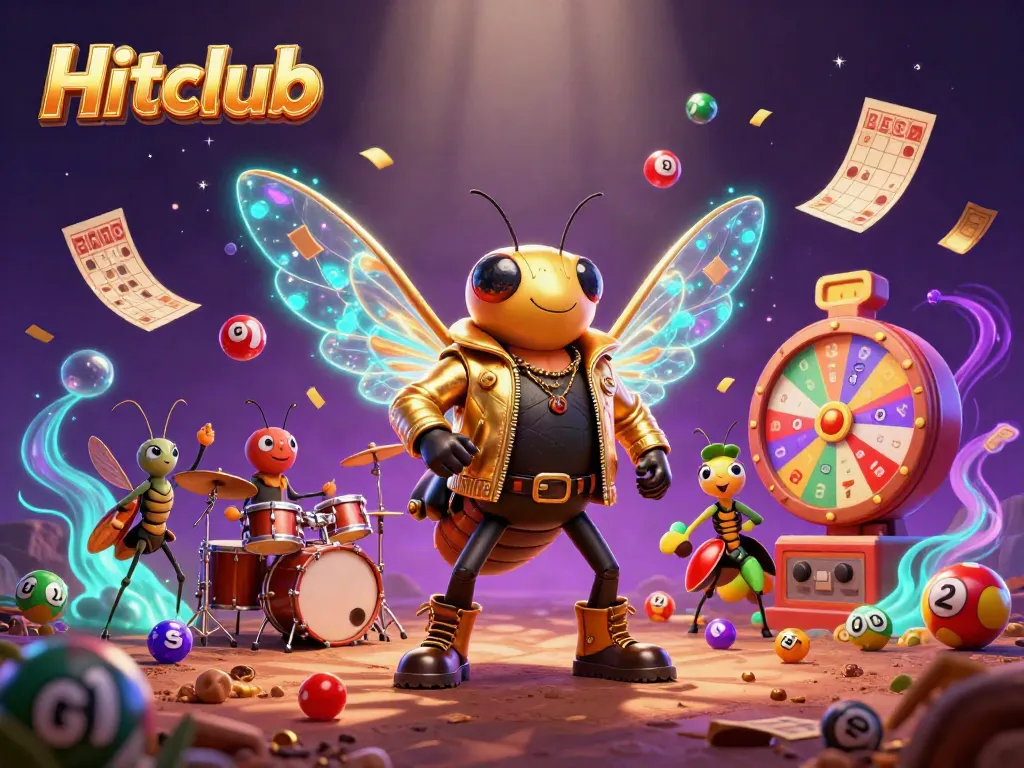 Experience Hitclub's thrilling atmosphere with vibrant lottery balls, a cicada rock star, and a dazzling prize wheel.