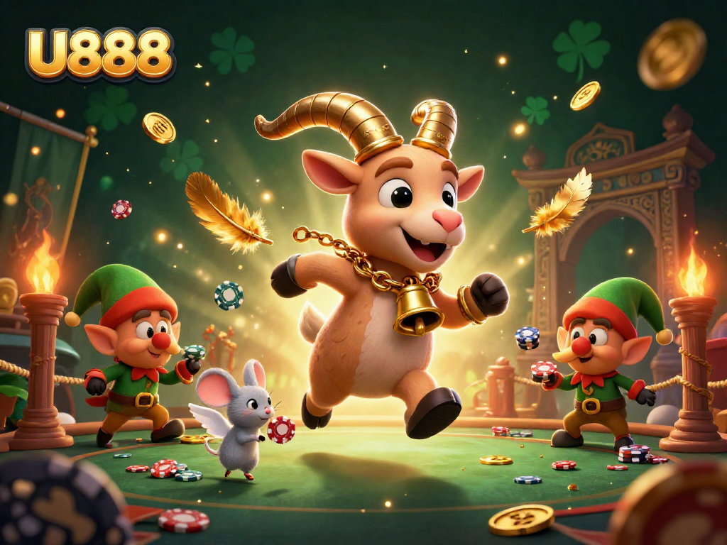 U888 brings high-stakes excitement with a dynamic casino scene featuring lively characters.