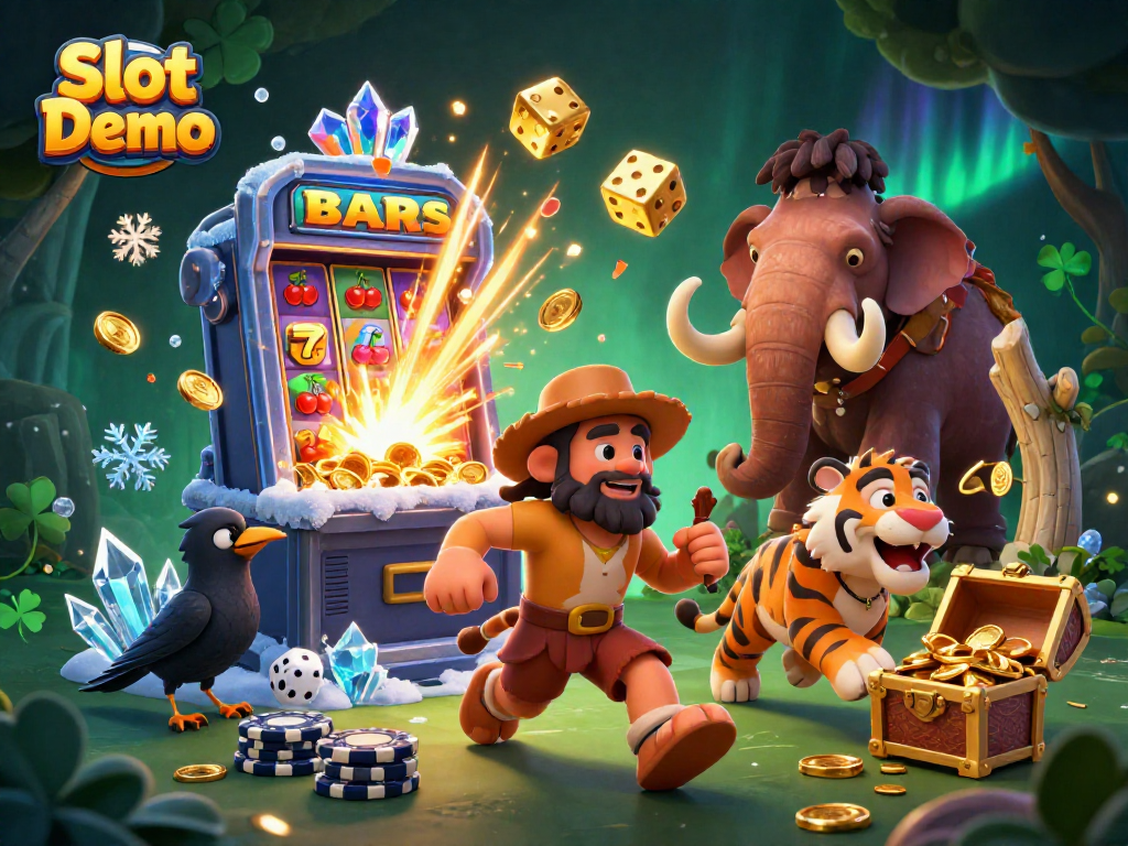 Experience the excitement of Slot Demo with a prehistoric casino scene featuring vibrant characters and dynamic gaming elements.