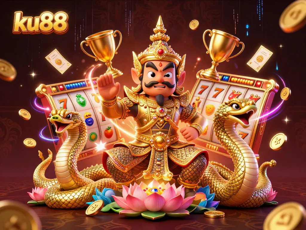 ku88 slots and jackpot fun with cartoon yaksha guardian and Naga serpents in vibrant 3D scene