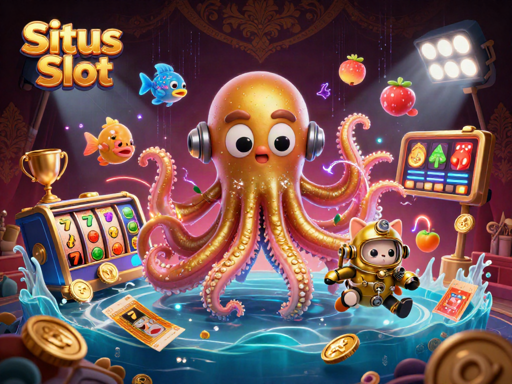 Situs Slot betting strategies highlighted by a kraken and diving cat in an animated casino atmosphere.