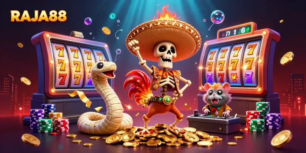 RAJA88 menampilkan skeleton mariachi dan elemen slot menari di atas koin emas.