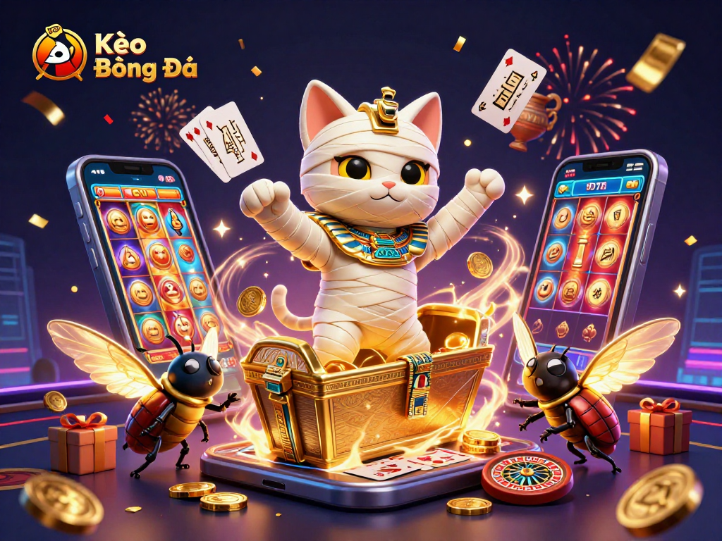 Kèo Bóng Đá betting scene featuring a mummy cat and vibrant gaming elements in 3D illustration