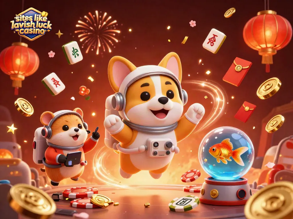 Experience sites like Lavish Luck Casino with fun space-themed floating characters and vibrant casino elements.