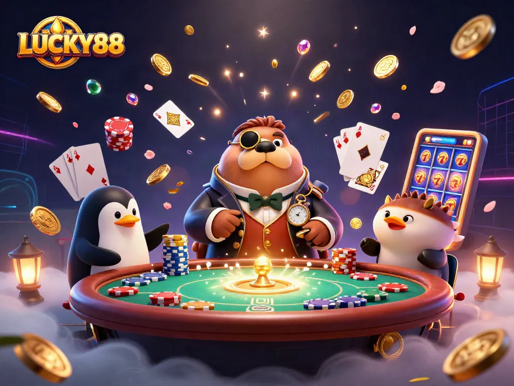 Experience LUCKY88 with the jolly walrus, penguin dealer, and pufferfish in an epic underwater casino.