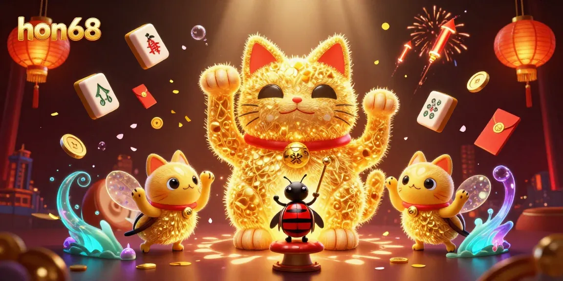 Experience the thrill of hon68 with a vibrant illustration showcasing a golden lucky cat and casino symbols.