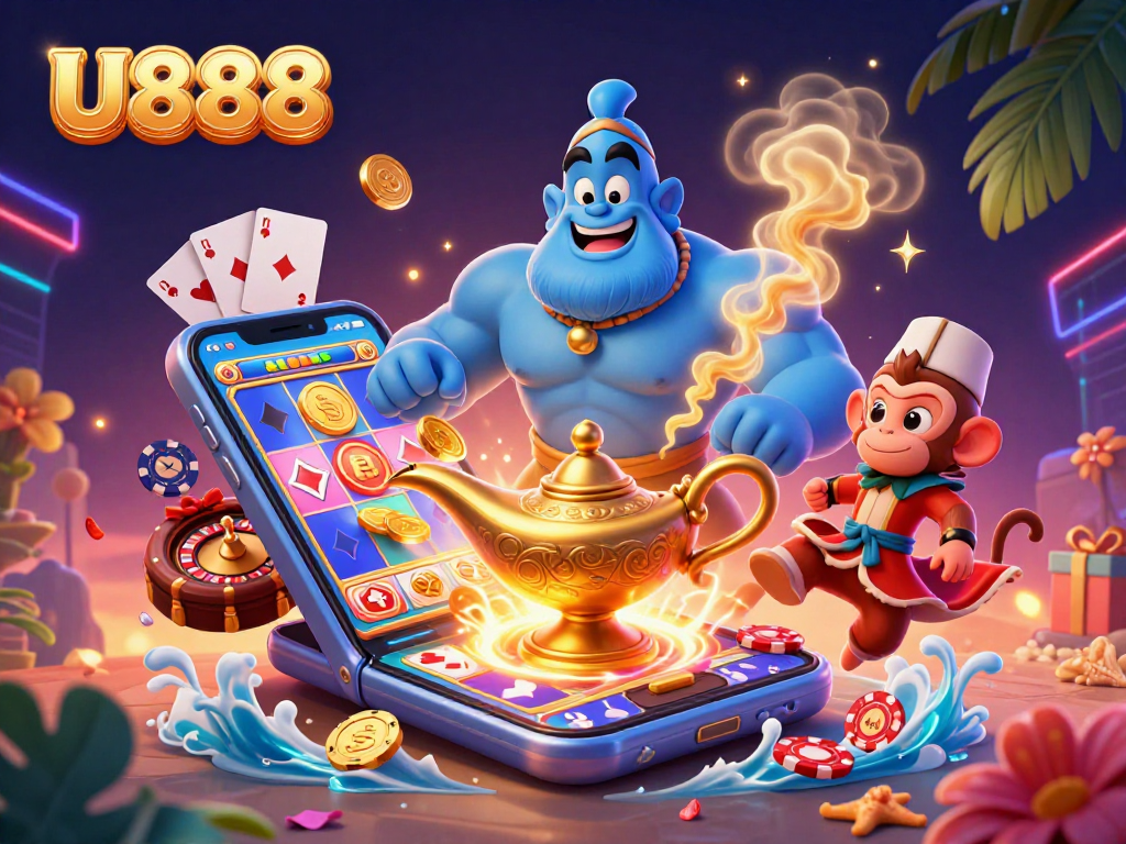 Experience U888's vibrant casino world with a powerful genie, monkey, and winning poker chips.