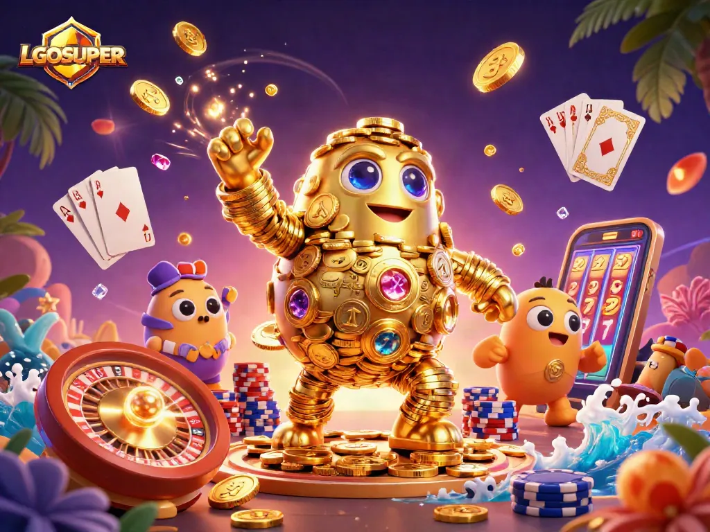 Spin the reels with LGOSUPER's captivating golden golem in a vibrant casino illustration.