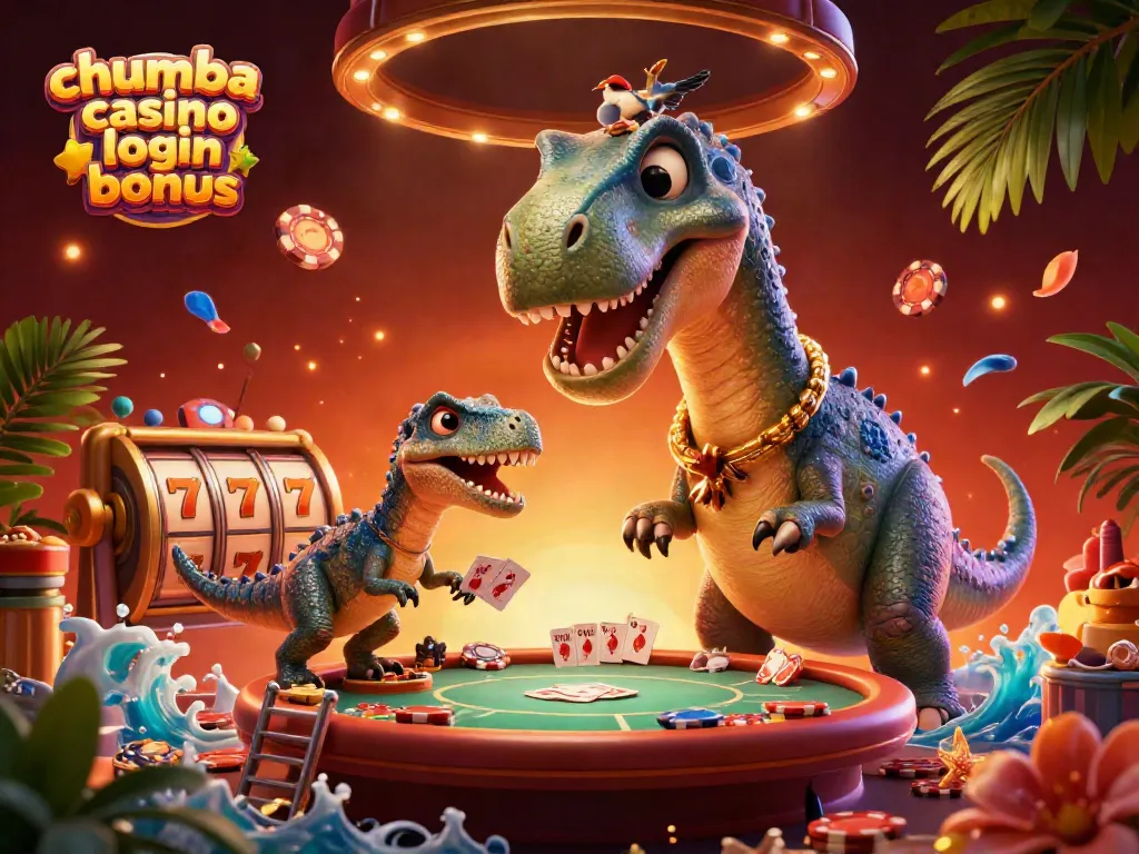 Engage with the chumba casino login bonus scene depicting a playful dinosaur head in a dynamic casino setting.