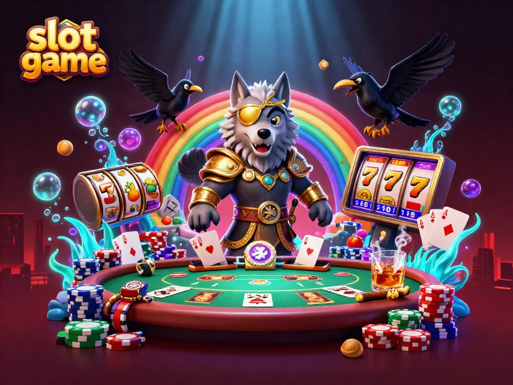 Experience an immersive slot game with vibrant characters before a casino chips bridge, showcasing gameplay excitement.
