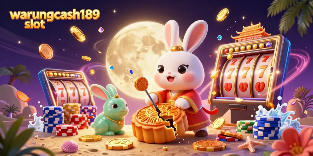 Experience excitement with warungcash189 slot as a moon rabbit reveals poker chips amidst a celestial casino.