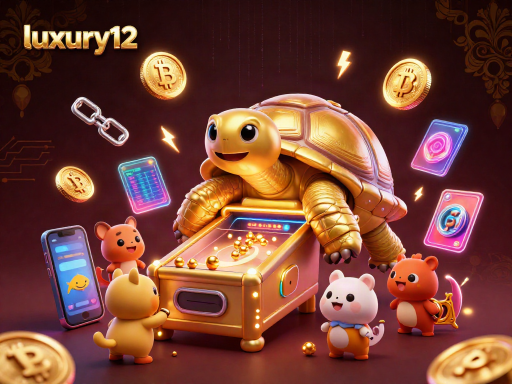 Experience luxury12 with a colossal golden tortoise in a lively casino scene featuring vibrant crypto elements.