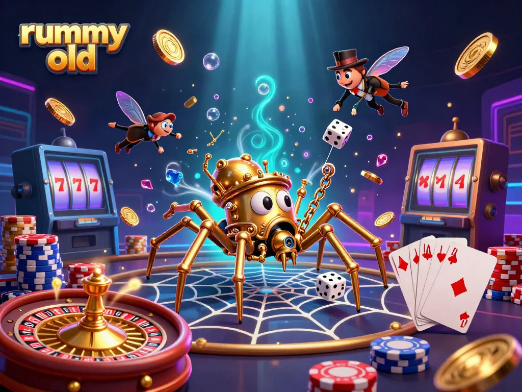 Rummy Old menampilkan grafis 3D menarik dengan elemen perjudian, termasuk peta rummy dan koin emas.