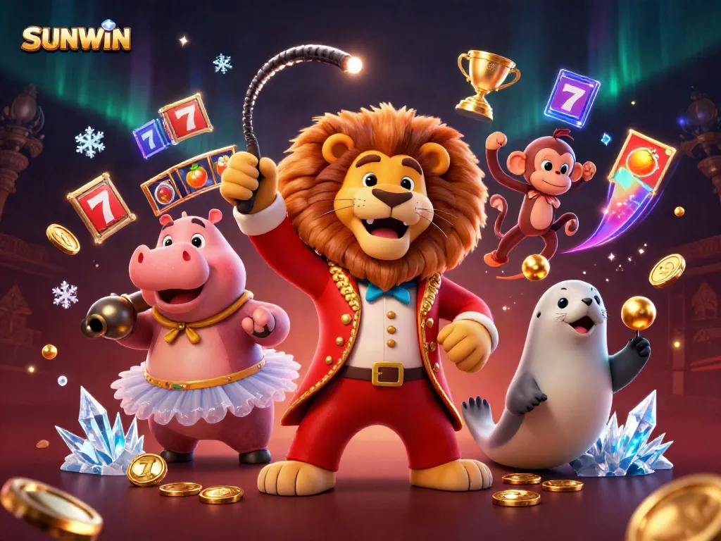 Experience the excitement at SUNWIN with vibrant 3D characters in a rich casino scene, featuring jackpot graphics and lively elements.