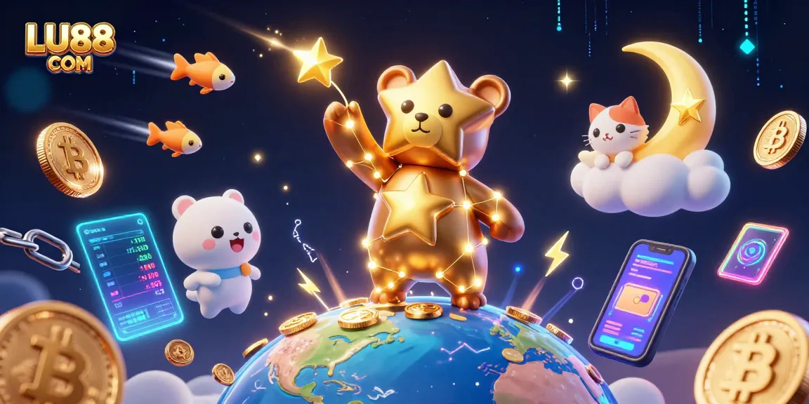 Engage in thrilling chances with LU88 COM in a vibrant 3D casino world filled with stars and cryptocurrencies.