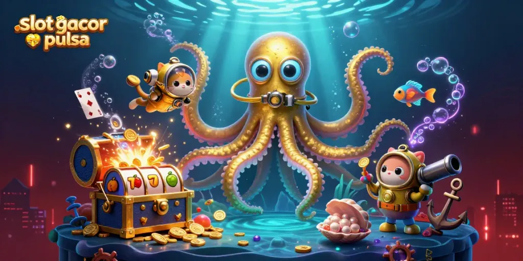 Engage in slot gacor pulsa adventures with a vibrant kraken, diving cat, and rich casino treasures