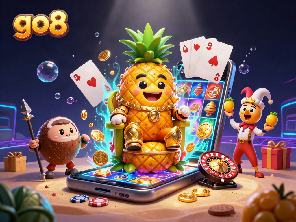 Engage in exciting gameplay at go8 with a golden pineapple king in a vibrant casino scene.