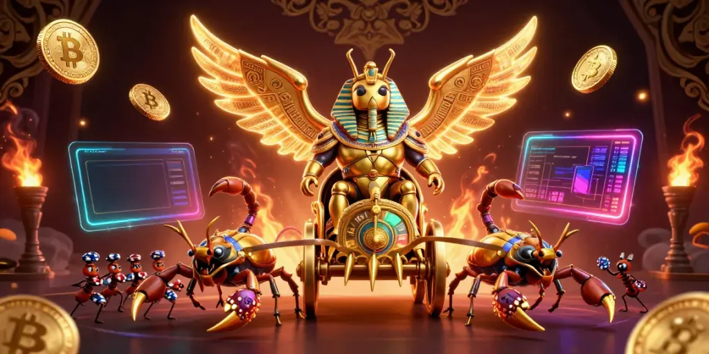 Engage in the excitement of a popular online casino with a monumental golden scarab beetle and crypto elements.