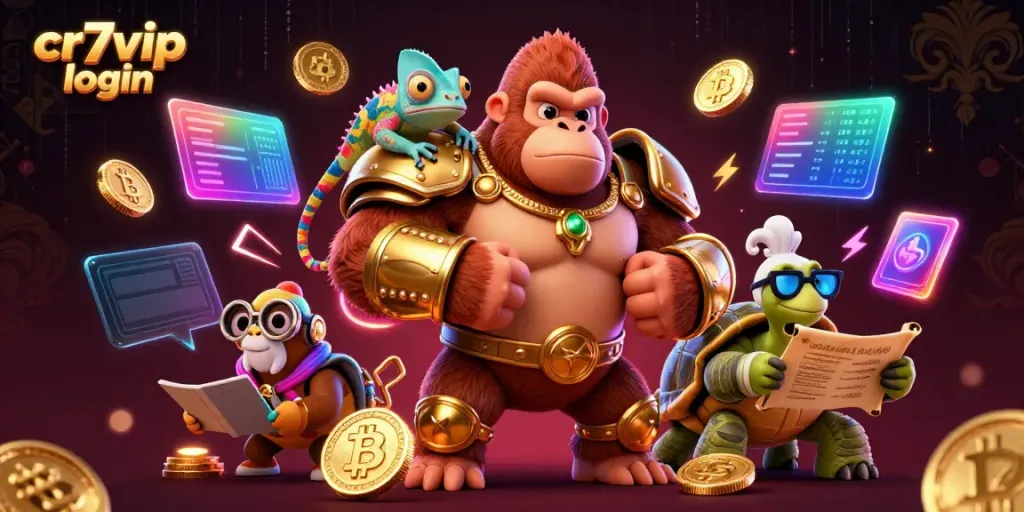 Mengakses cr7vip login, gamer melawan tantangan di kasino dengan karakter berwarna-warni dan elemen digital.