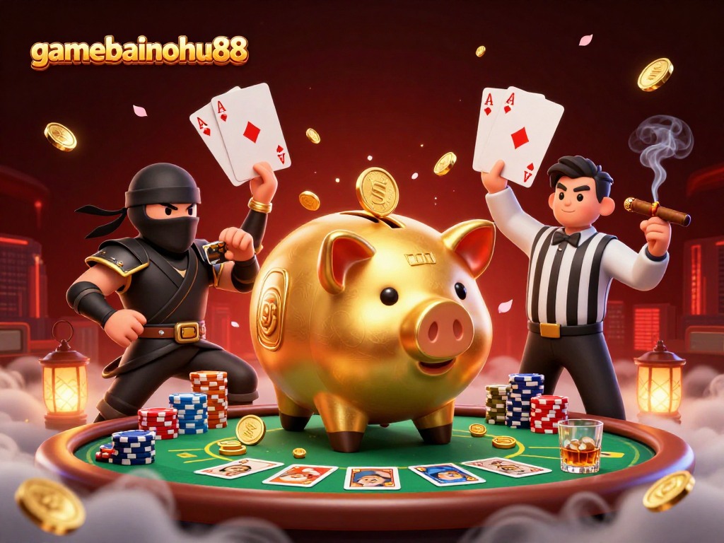 Engage in thrilling gameplay at gamebainohu88 with a dynamic illustration of a piggy bank sumo wrestler amid gold coins.