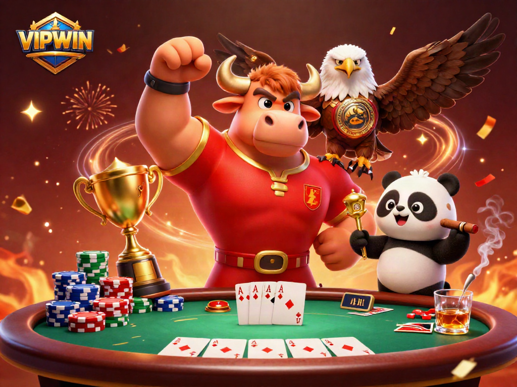 Engage with the exciting VIPWIN casino world featuring a cartoon bull, eagle, and panda celebrating with winning poker hands.
