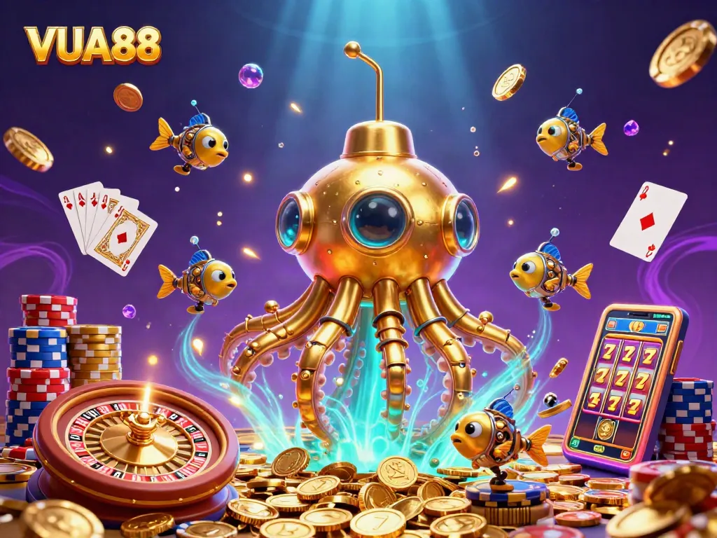VUA88 showcases thrilling casino adventures with a golden kraken submarine and dynamic gaming elements.