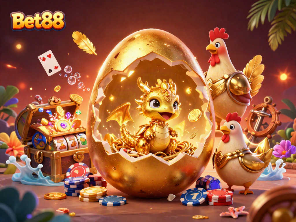 Bet88's captivating illustration showcases a golden dragon amidst poker chips and vibrant casino elements.