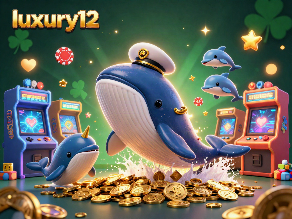 Experience the thrill of luxury12 in this vibrant scene with a 3D whale, golden coins, and playful dolphins.