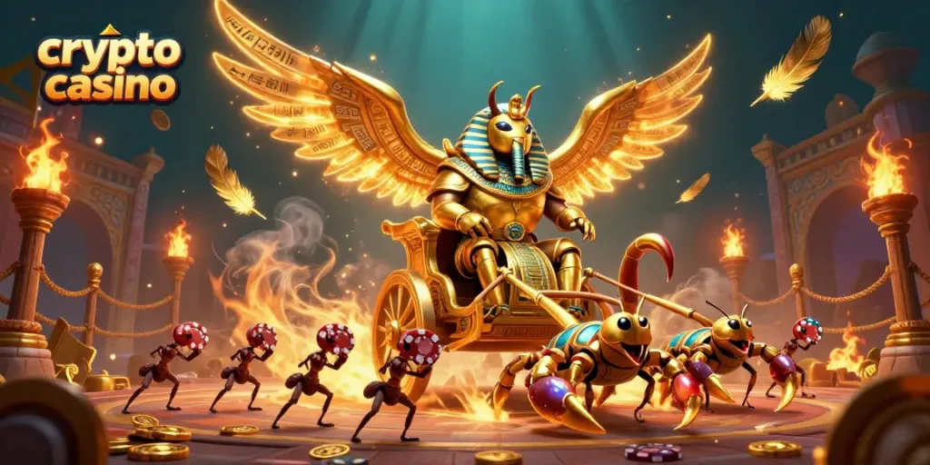 Experience excitement at the crypto casino with a majestic 3D scarab riding chariot, showcasing thrilling gameplay.