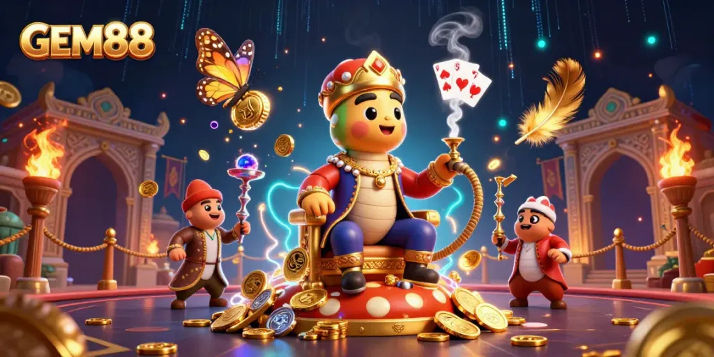 Engage with GEM88's vibrant online casino through an exciting 3D illustration showcasing playful elements and gambling themes.