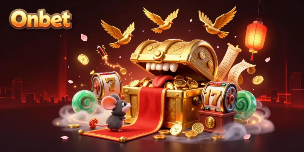 Onbet casino golden treasure chest illustration attracting players with riches and rewards.