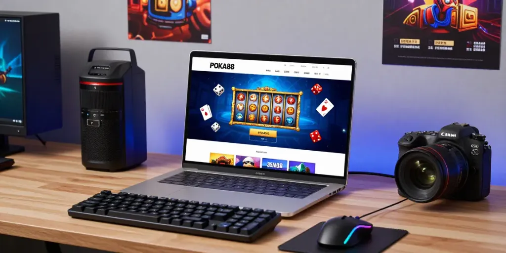Engaged user logging into POKA88 link login on laptop with gaming elements.