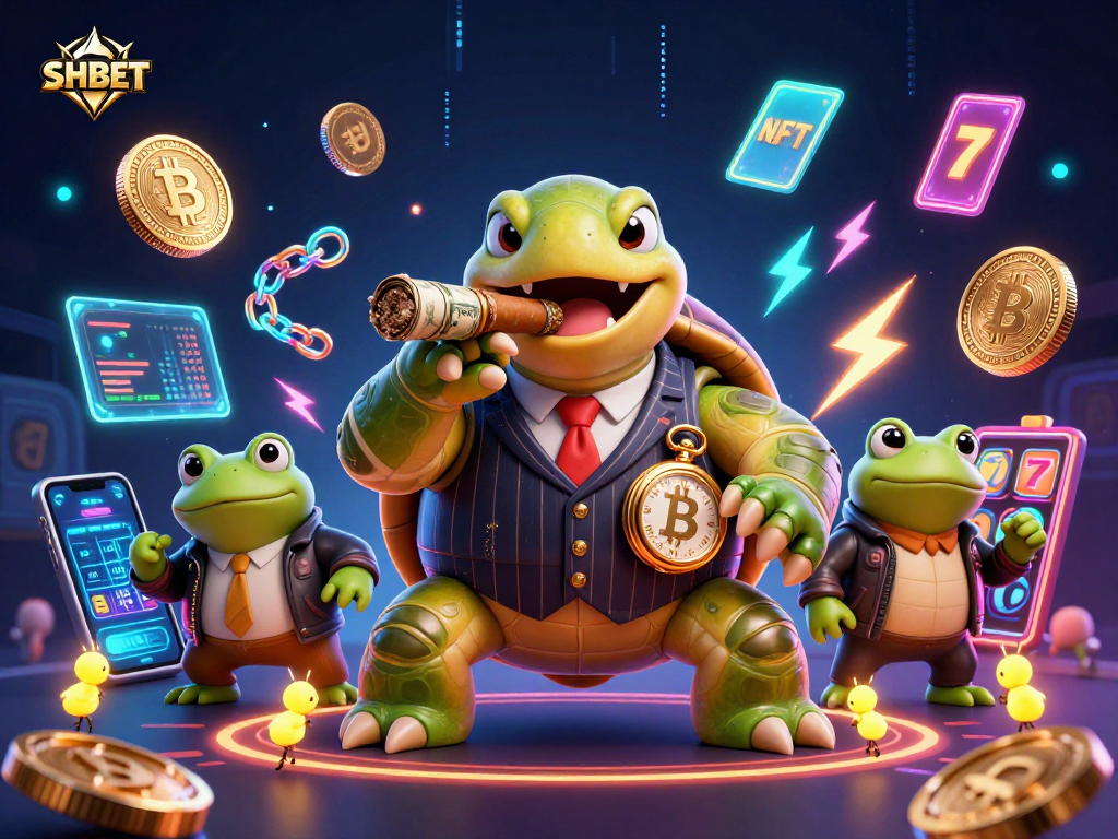 Shoot for jackpots at SHBET with an engaging 3D casino depiction featuring unique characters and vibrant game elements.