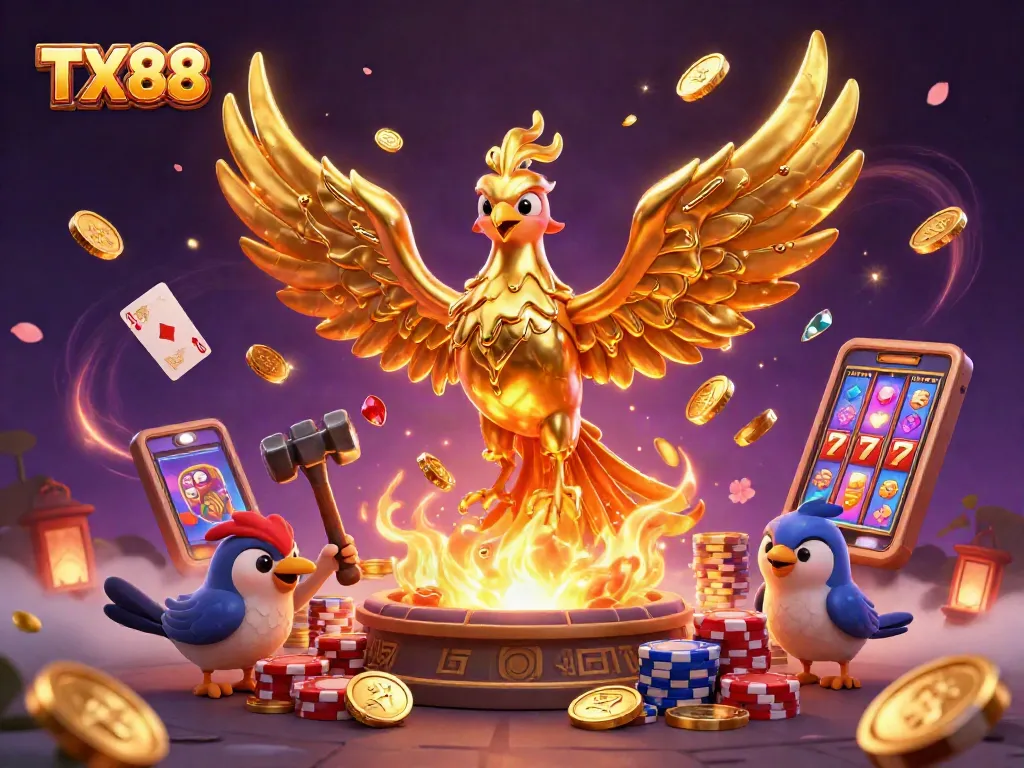Win big with TX88's vibrant slot machines and golden treasures in an exciting casino illustration.