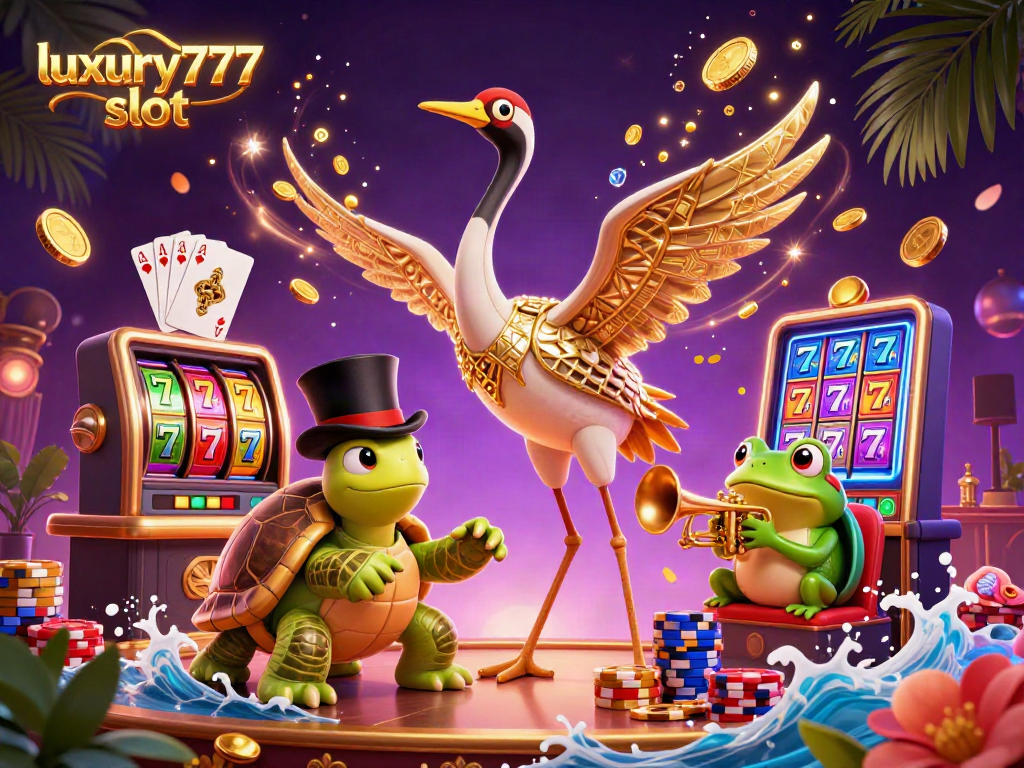 Permainan luxury777 slot dengan kereta gantung berharga emas dan karakter ceria di kasino.