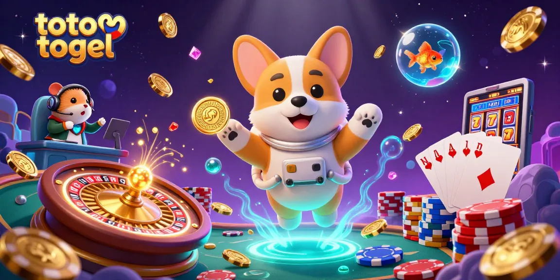 Play exciting toto togel games in a 3D space casino with a playful corgi and hamster.