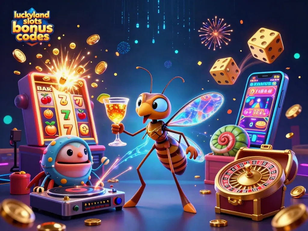 Celebrate wins with luckyland slots bonus codes in a vibrant 3D casino scene featuring unique characters.