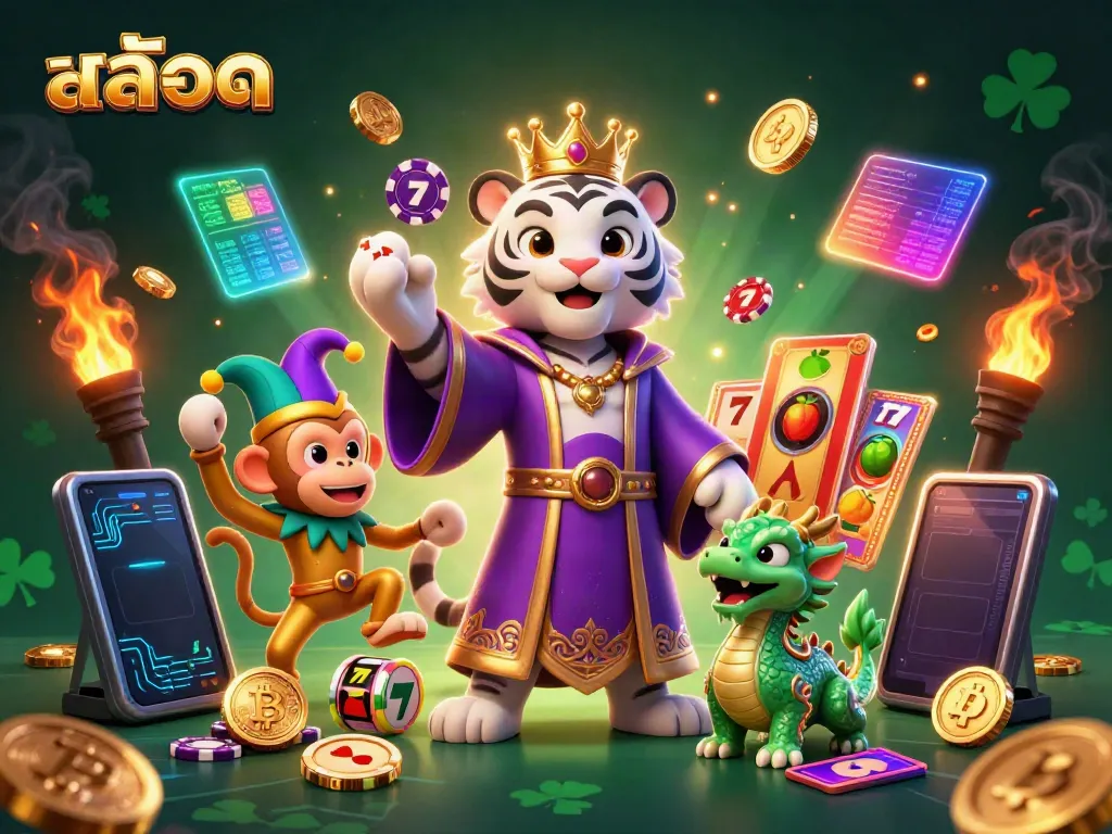 Experience exciting สล็อต gameplay with vibrant characters and rich casino elements in this immersive illustration.