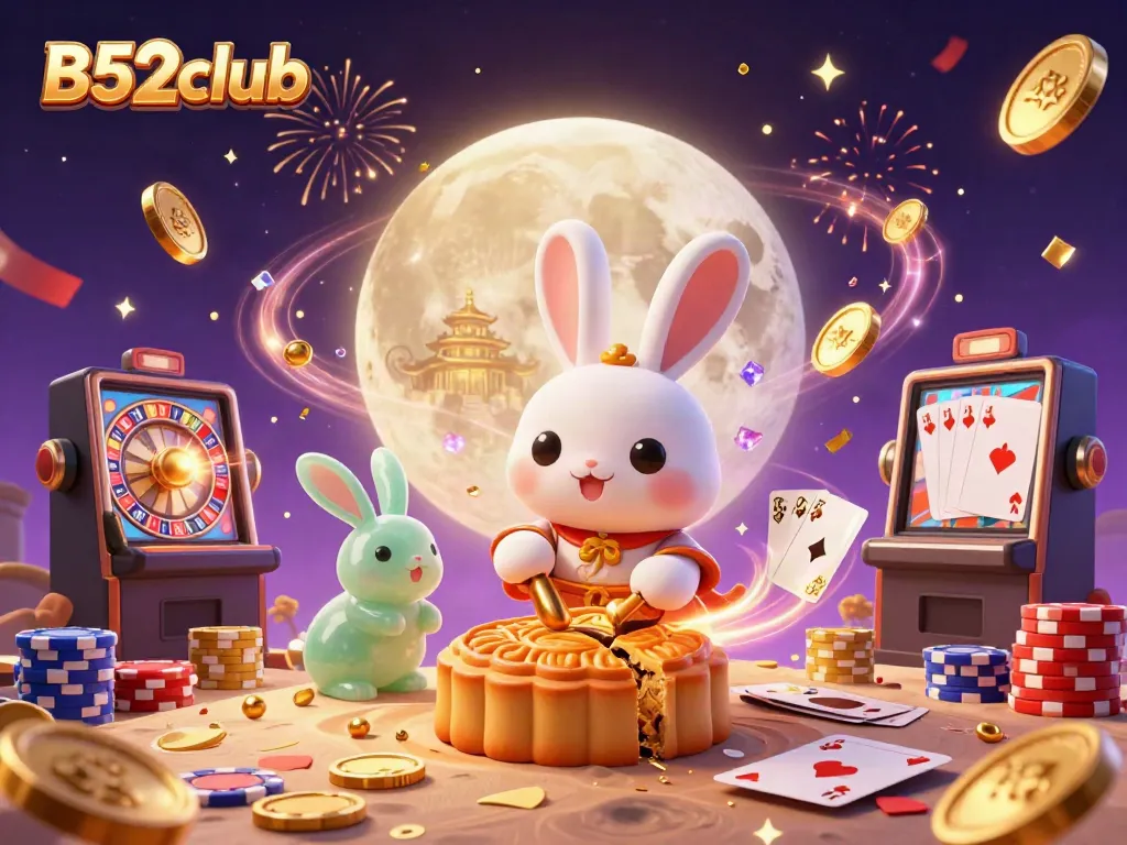 B52club offers thrilling casino action with animated moon rabbits, poker chips, and festive elements.