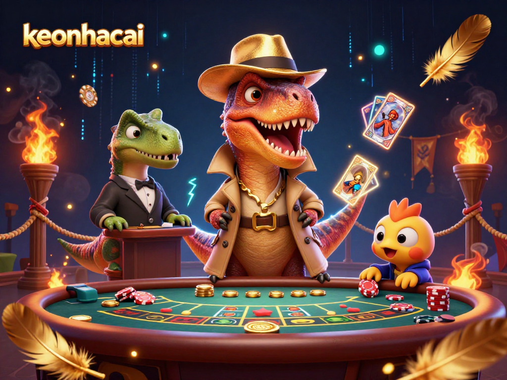 Experience the thrill of keonhacai with dinosaur characters at a vibrant casino table.