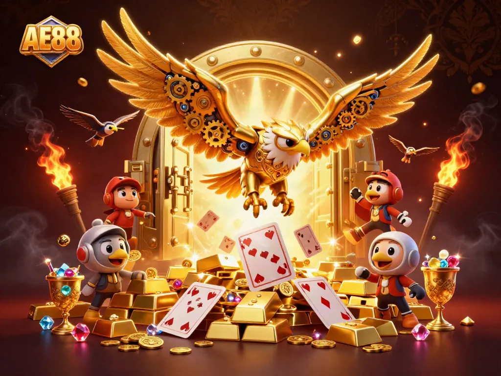 Experience the thrill of AE88 with a cybernetic golden eagle diving through playing cards surrounded by treasures.